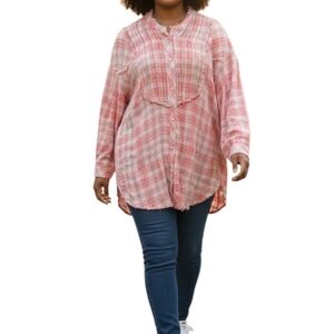 Free People Pink Plaid Shirt Frayed Hem Oversized Boho Tunic Top Sz L